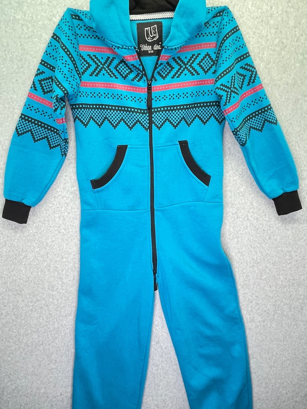 Vintage Y2K Onesie Retro Hooded Jumpsuit Urban Diva Blue Aztec Patterned Cozy